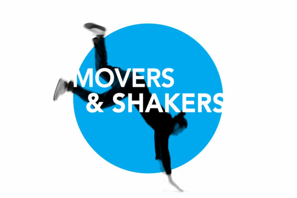 Movers & Shakers sermon series graphic featuring a dancer caught mid dance flipping onto his hands, feet extended into the air. There's a blue circle on a white background with white text stating, "MOVERS & SHAKERS"